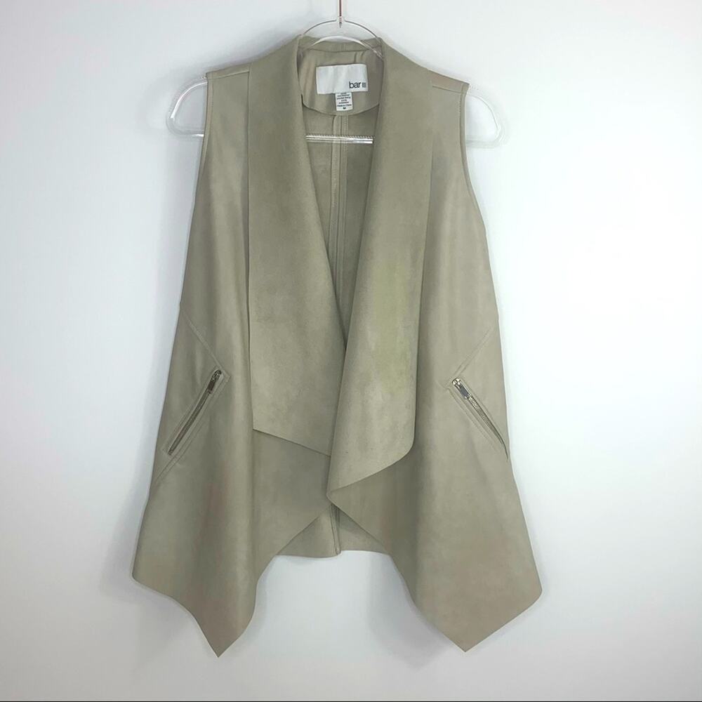 Bar III Open Front Long Vest Coverup Faux Leather Stone Zip Pockets M